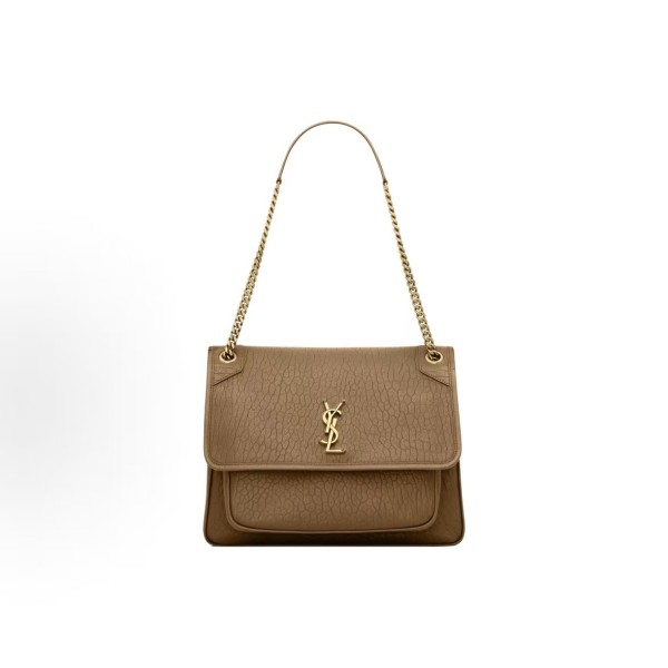 SAINT LAURENT YSL Niki metal brand, golden Logo, single-shoulder bag, large size for women, brown